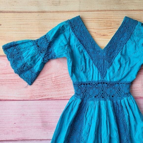 Vintage Turquoise Mexican Bell Sleeve Crochet Trim Maxi Boho Dress XS/S - Picture 2 of 7
